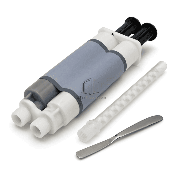 Outlet-side view showing the epoxy repair cartridge twin ports and static mixer coupling