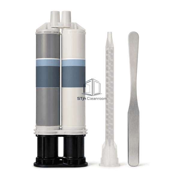 Upright front view of the epoxy repair compound dual cartridge and accessories