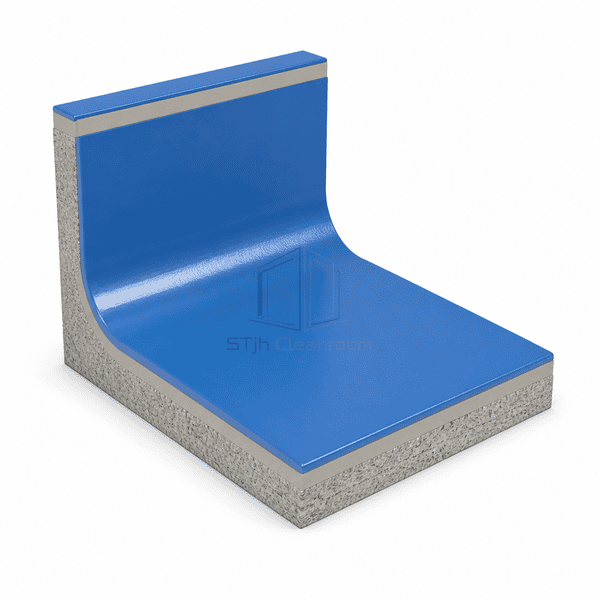 Blue epoxy flooring sample with a seamless integral cove transition