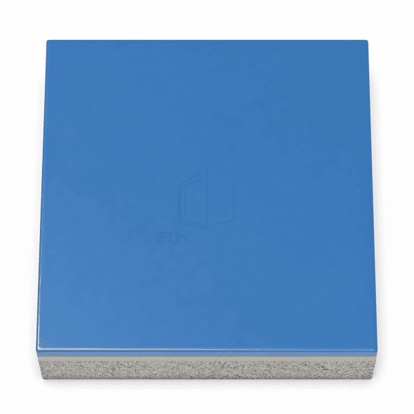 Top surface view of a complete blue epoxy self-leveling floor sample