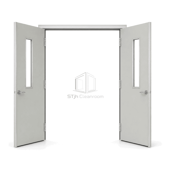 Both equal cleanroom door leaves fully open for equipment passage