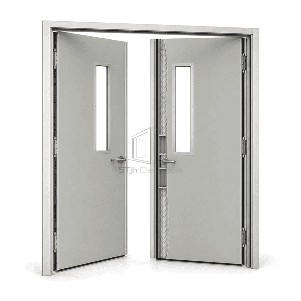 Side cutaway showing mineral-wool cores in both cleanroom leaves