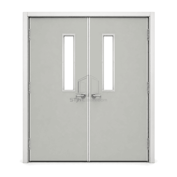 Front elevation of symmetrical paired cleanroom door leaves