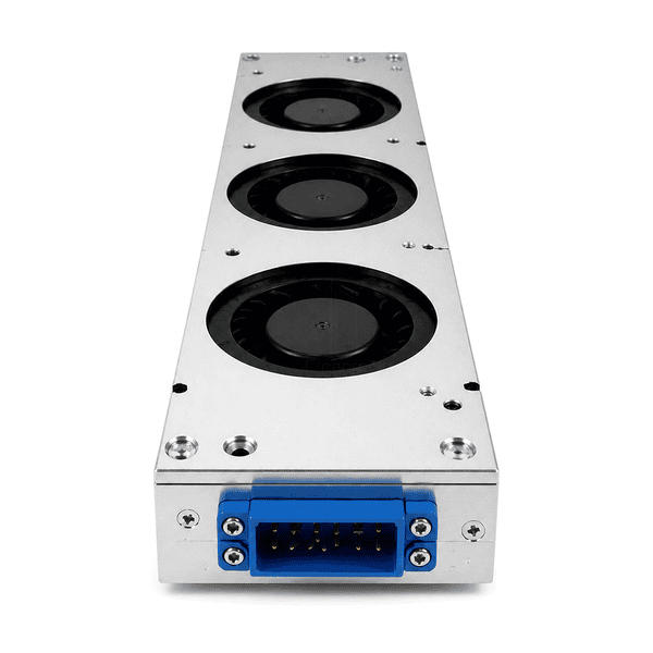 Connector-end perspective of the complete EFU showing its blue multi-pin interface, end flange and three-fan housing