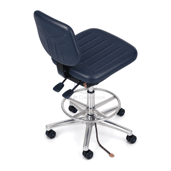 Elevated view of ESD chair controls and grounded five-star base