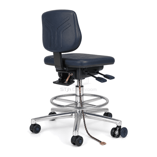 ESD cleanroom chair connection showing bonding tab caster stem and drag-chain lug