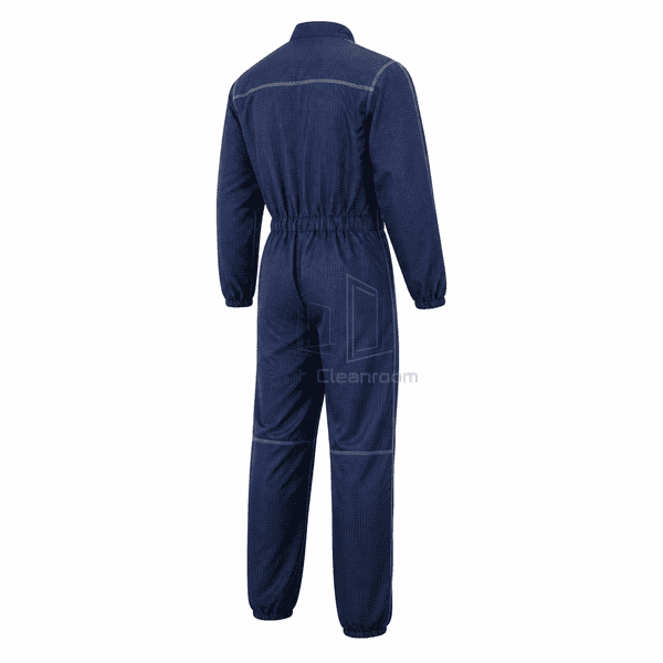ESD cleanroom garment rear view showing connected yoke seams