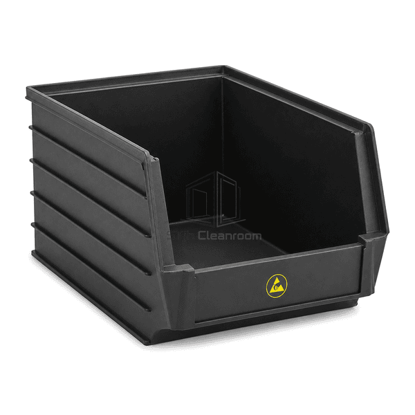 Complete ESD bin structural view emphasizing upper stacking rail base register and front label field