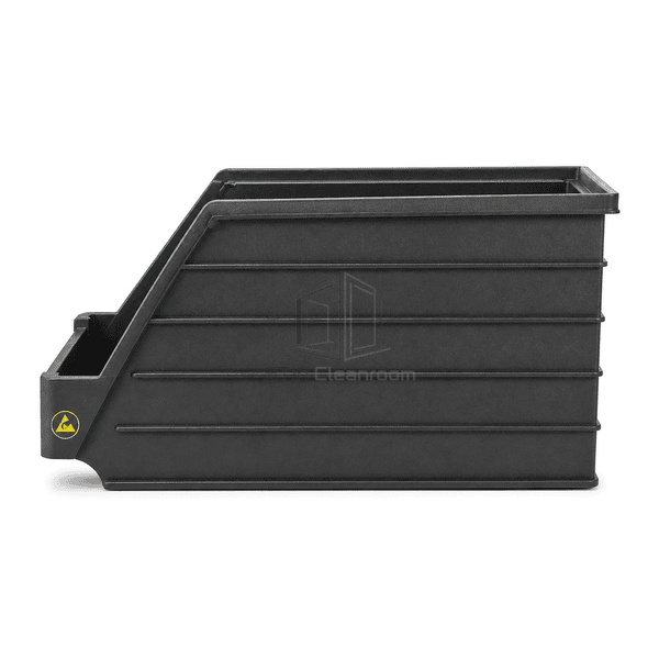 Side view of conductive component bin showing deep body raised rear wall and stacking rails