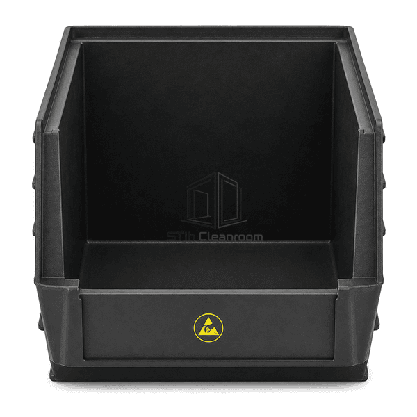 Front elevation of stackable ESD parts bin showing access opening and label recess