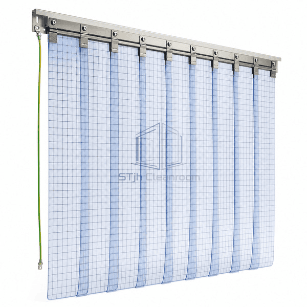 Side view showing overlapping transparent ESD curtain strips