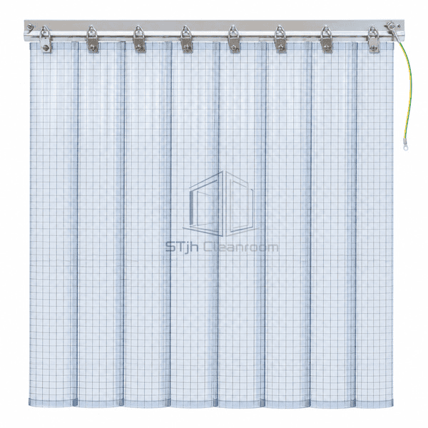 Front view of complete conductive-grid ESD strip curtain assembly