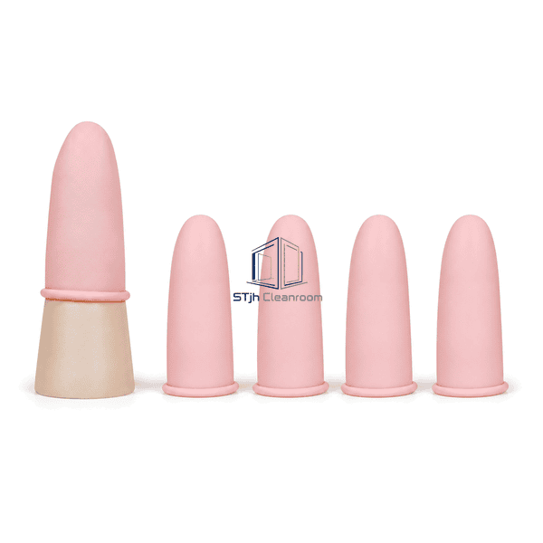 Side profile of antistatic finger cot fitted on fingertip form