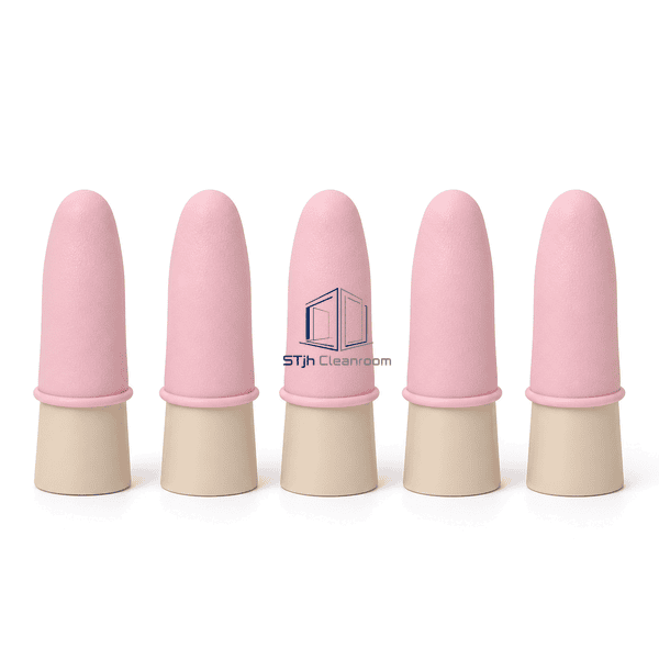 Front view of five complete ESD finger cots with rolled cuffs