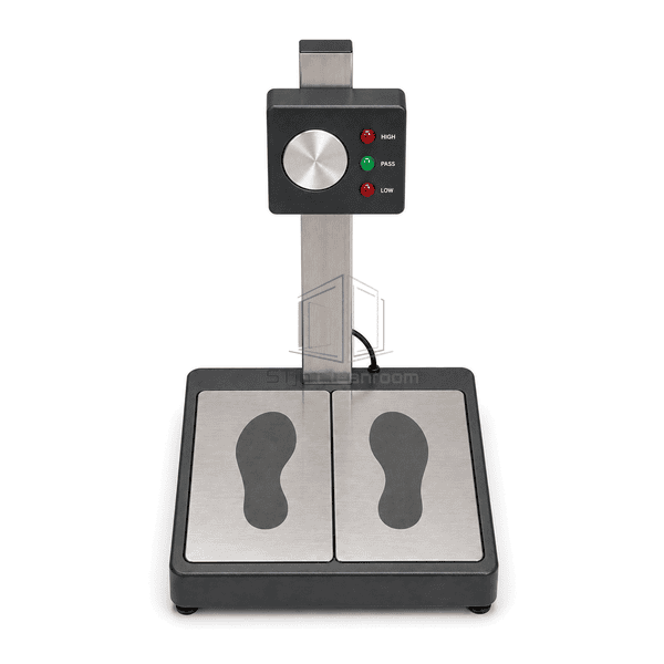 Elevated view of split left and right ESD footwear test plates and complete stand