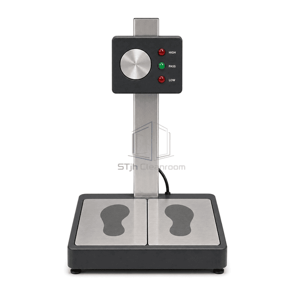 Front view of dual-plate ESD footwear tester and high pass low indicator head