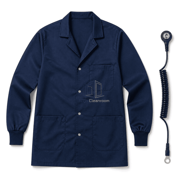Complete ESD smock and detachable coiled grounding cord laid flat