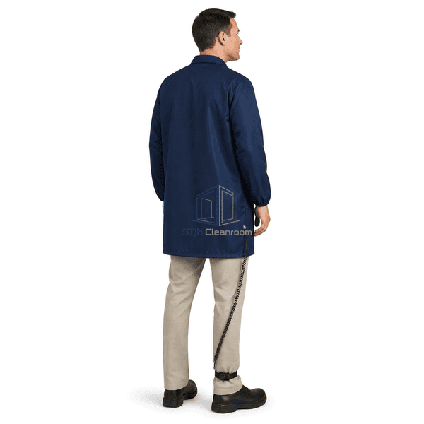 Side and back view of worn ESD garment grounding system