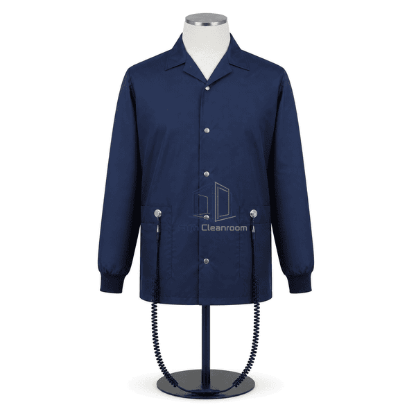 Front view of groundable ESD garment with cuff contacts and hip connections