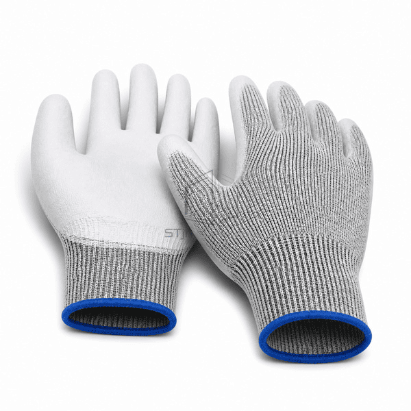 Carbon-knit ESD gloves showing elastic rib cuffs and coating edge