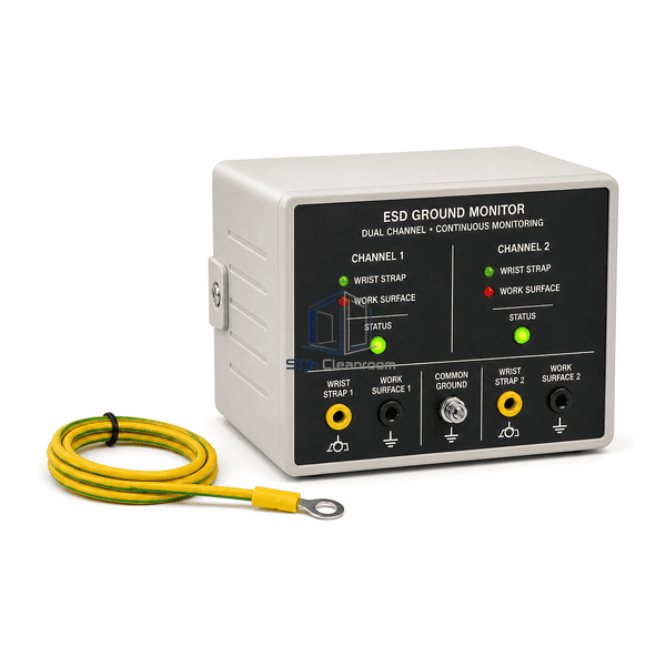 Horizontal product view of ESD ground monitor with complete protective-earth cable