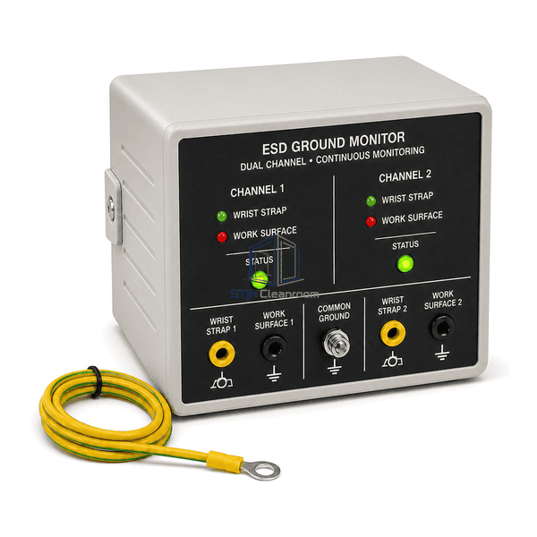 Elevated view of ESD ground monitor wrist-strap sockets worksurface inputs and common-ground stud