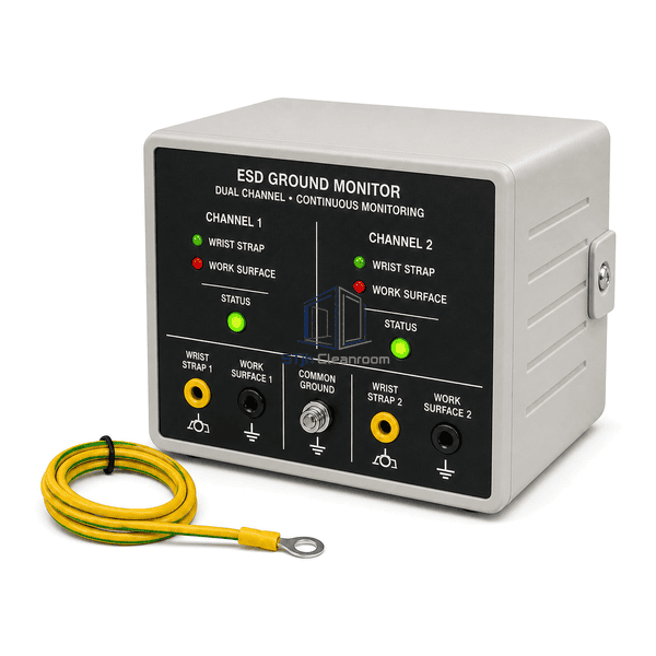 Side profile of ESD ground monitor showing enclosure depth mounting bracket and front connections