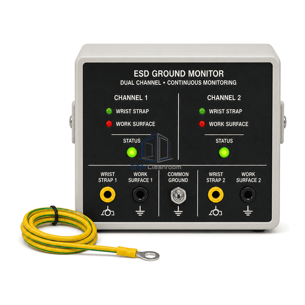 Front view of dual-operator ESD ground monitor and color-coded channel indicators