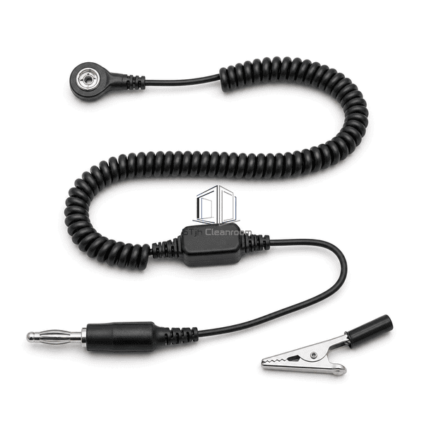 Overhead S-shaped ESD grounding cord showing coil resistor and terminals