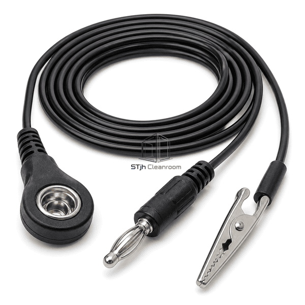 Close view of ESD cord snap banana plug and alligator clip connectors