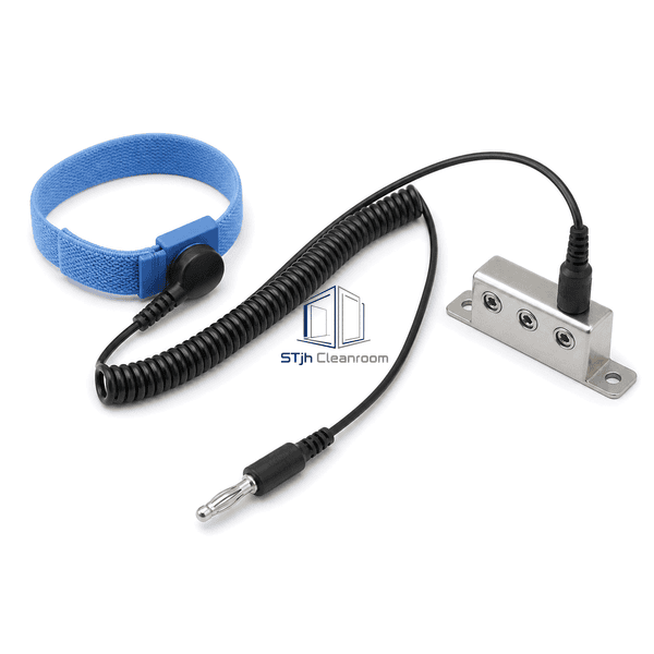 ESD grounding cord connecting blue wrist strap to stainless ground block