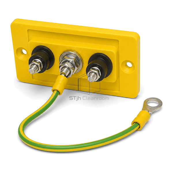 Close view of ESD grounding socket banana snap and rear earth terminal interfaces