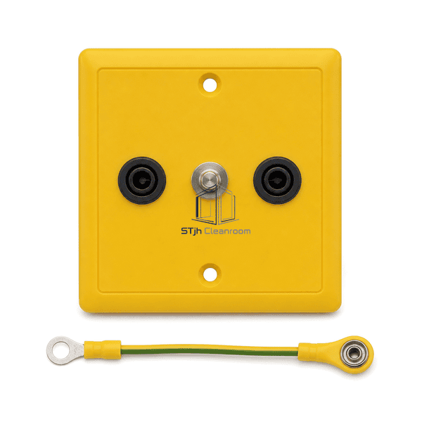 Front view of dual-jack ESD grounding socket and protective earth lead