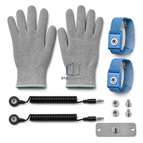 Overhead layout of ESD hand protection gloves bands cords and ground plate