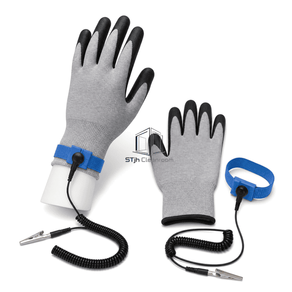 Side view of ESD glove wrist band and coiled grounding lead