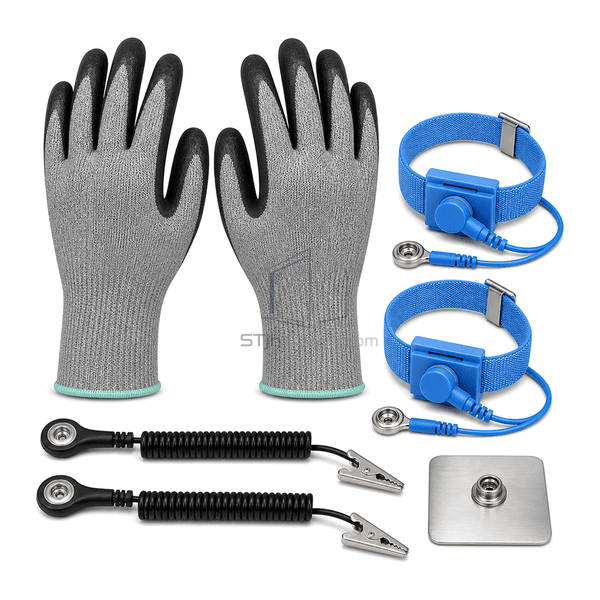 Front view of conductive ESD gloves with coated fingertips and wrist grounding