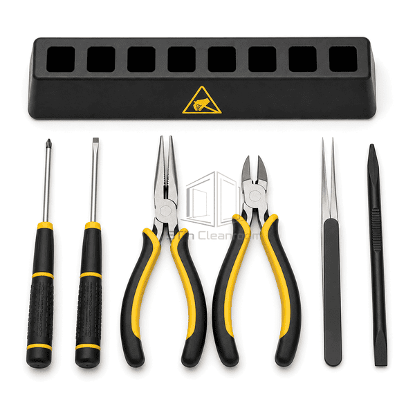 Top-down horizontal layout of full ESD tool assortment and conductive storage stand