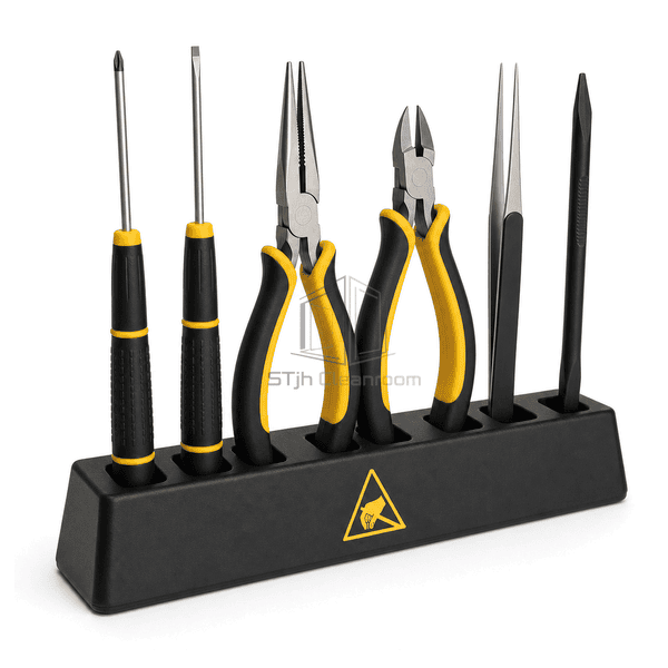 Complete tool-set view emphasizing dissipative handle texture precision steel tip and plier pivot
