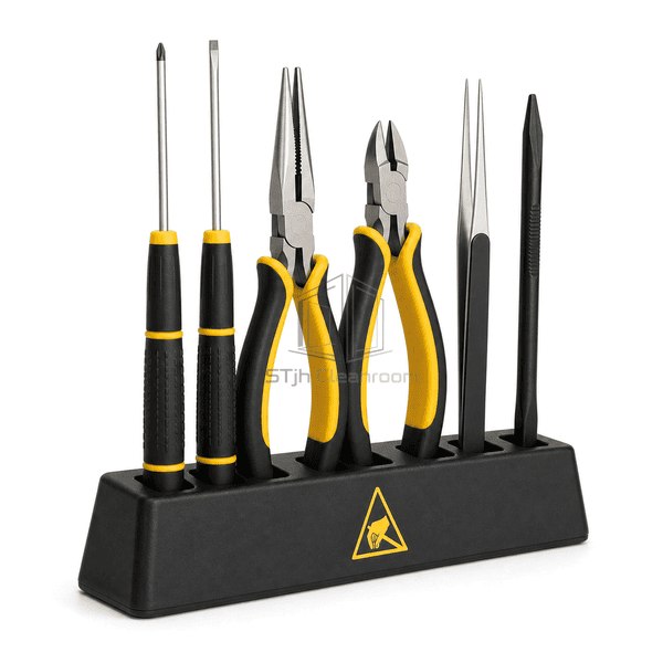 Side view of complete ESD hand tool set showing handle profiles shafts and organizer depth