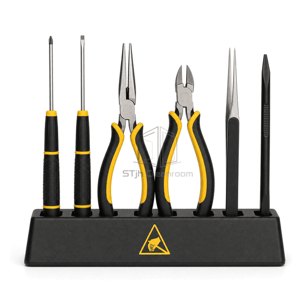Front view of ESD screwdriver plier cutter and tweezer set arranged in stand