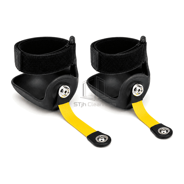 Close view of ESD heel grounder layered cup snap ribbon and adjustment strap