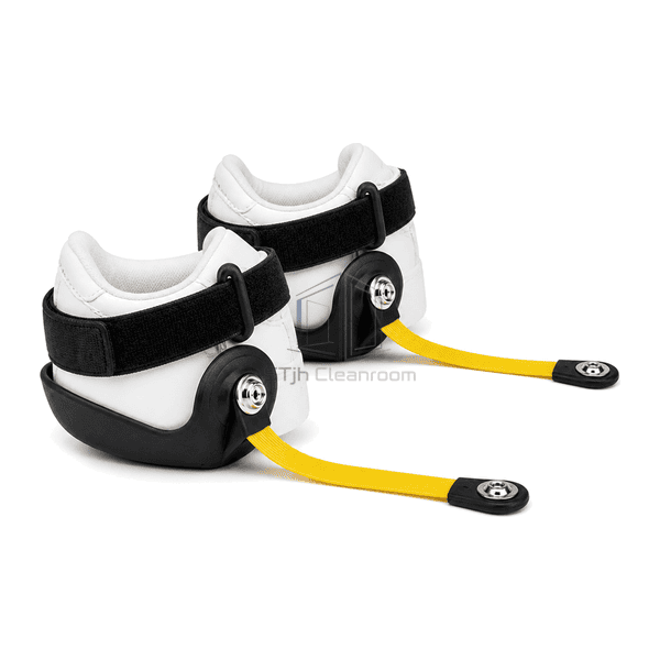 Side profile showing ESD heel cup strap and conductive ribbon routing