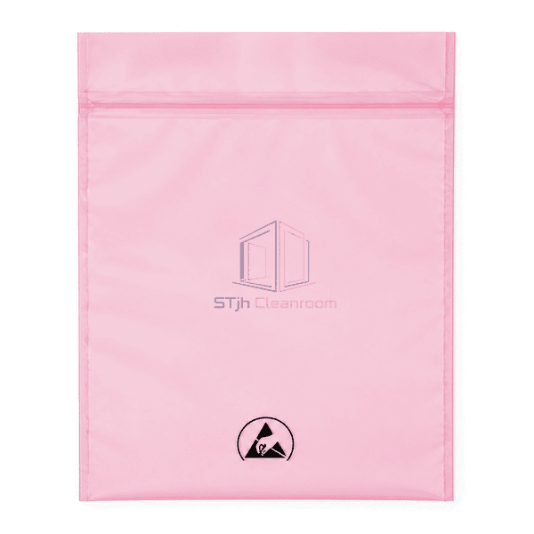 Horizontal flat view of complete transparent pink ESD component bag