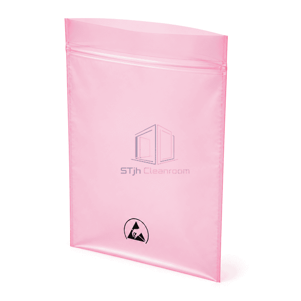 Complete ESD packaging bag view emphasizing press-to-close zipper and heat-welded seam