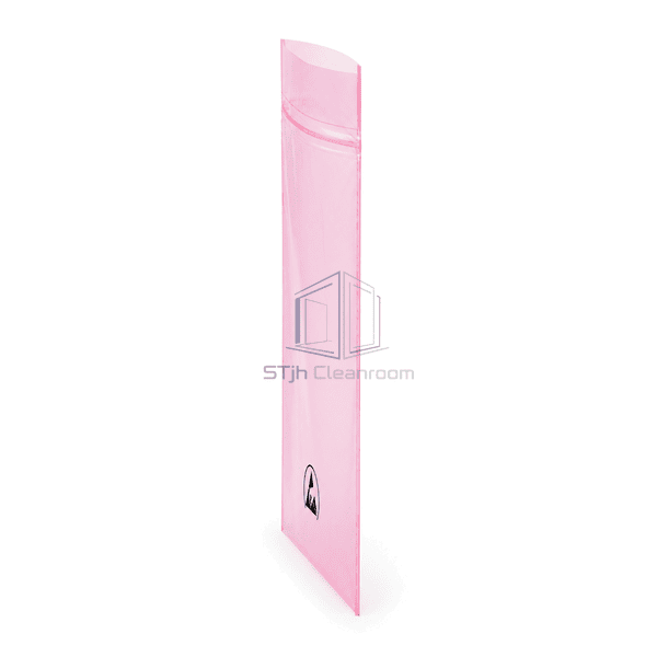 Side profile of flexible pink ESD bag showing film thickness and welded edges