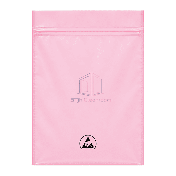Front view of complete pink ESD packaging pouch with resealable zipper