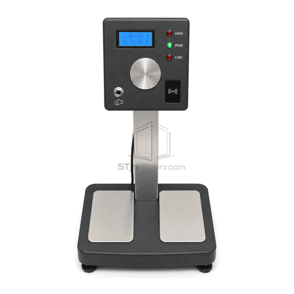 Elevated view of split footwear plates and control head on ESD access tester