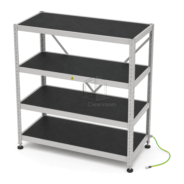 Elevated horizontal view across complete ESD rack showing dissipative shelf surfaces