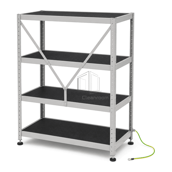 Complete shelving structural view emphasizing labeled ground lug bonding lead and shelf connection