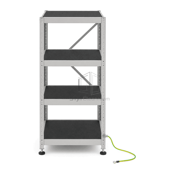 Side view of ESD shelving showing steel uprights bracing shelf lips and full rack depth